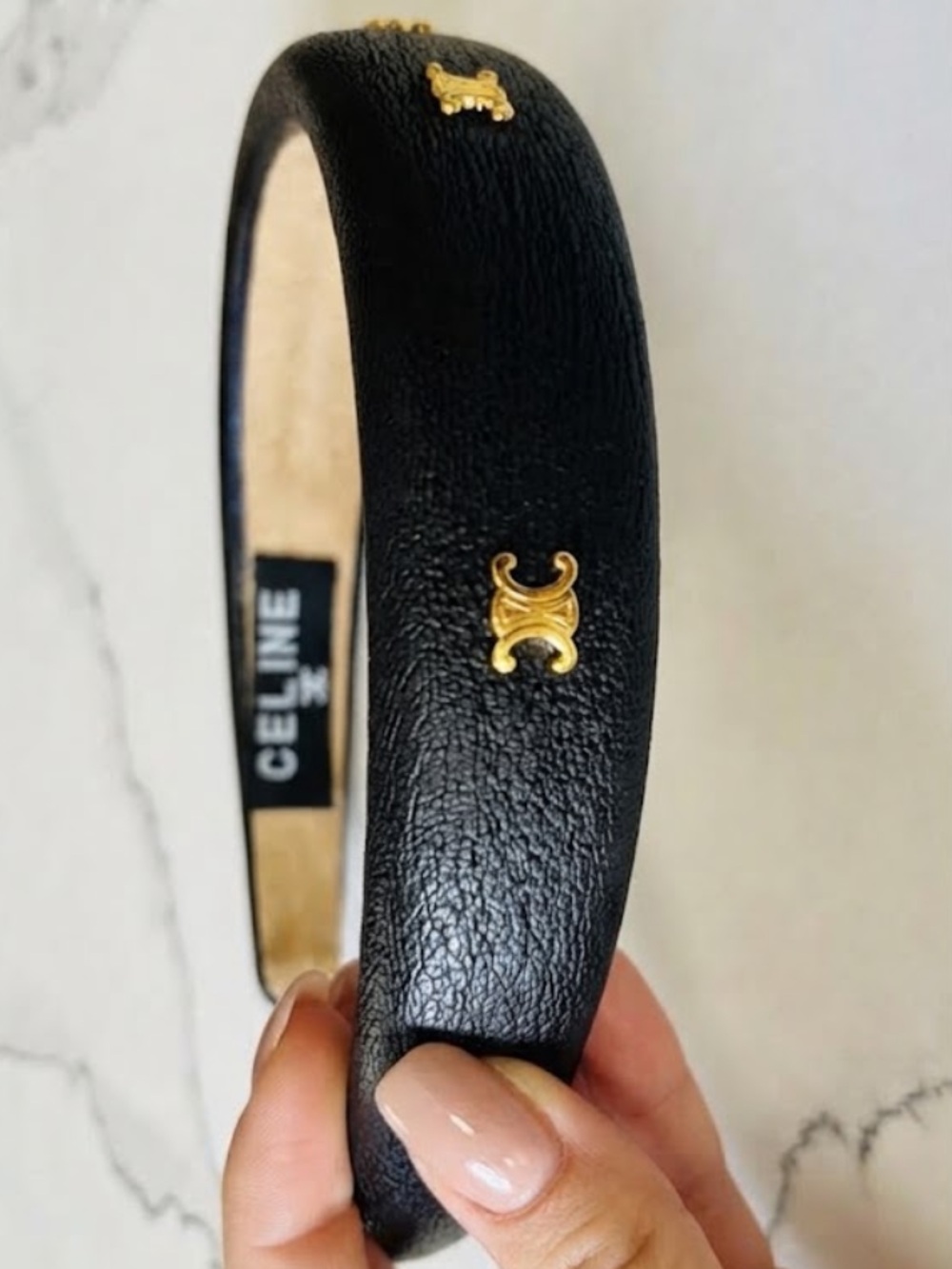 CELINE Leather Headband Triomphe Studs